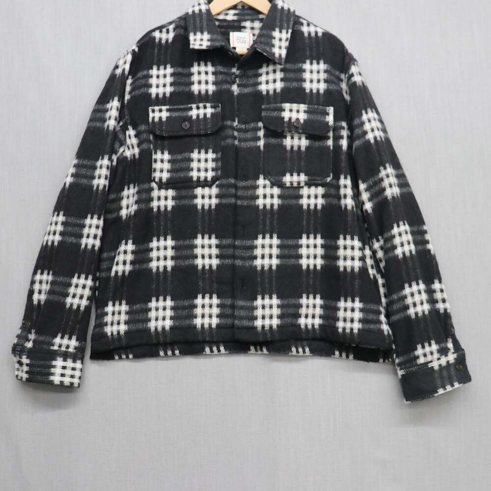 BDG Plaid Brushed Overshirt Shacket Black White Heavyweight Jacket Unisex Large